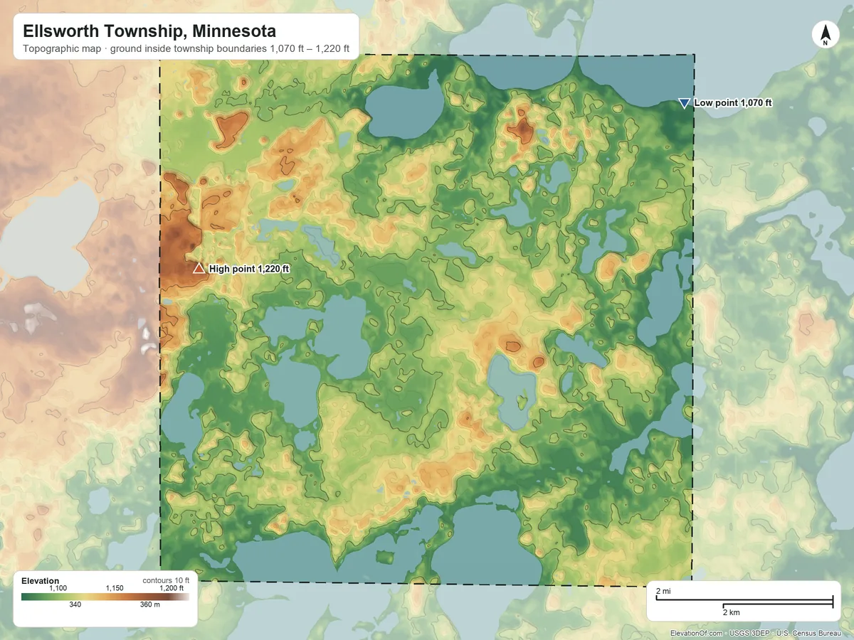 Topographic elevation map of Ellsworth Township, Minnesota, shaded from 1,070 ft on the northeast side to 1,220 ft on the west side
