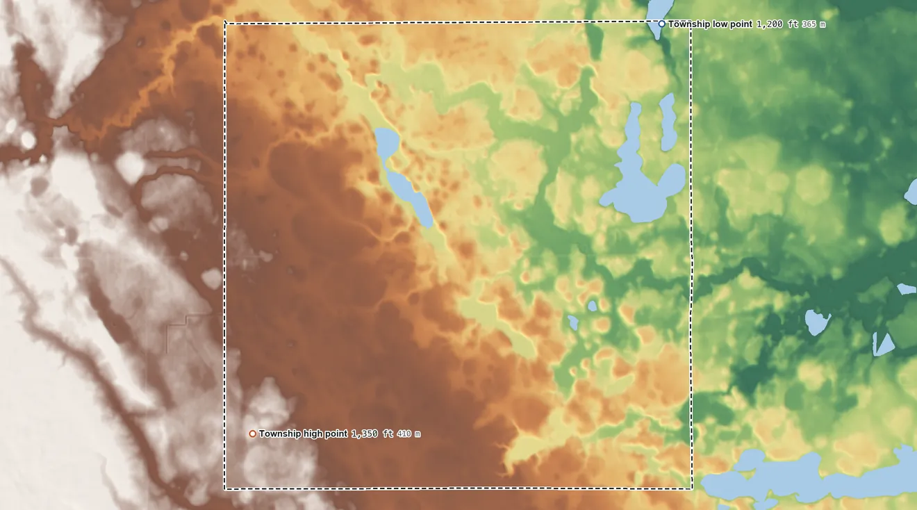 Topographic elevation map of Elm Creek Township, Minnesota, shaded from 1,200 ft on the northeast side to 1,350 ft on the southwest side