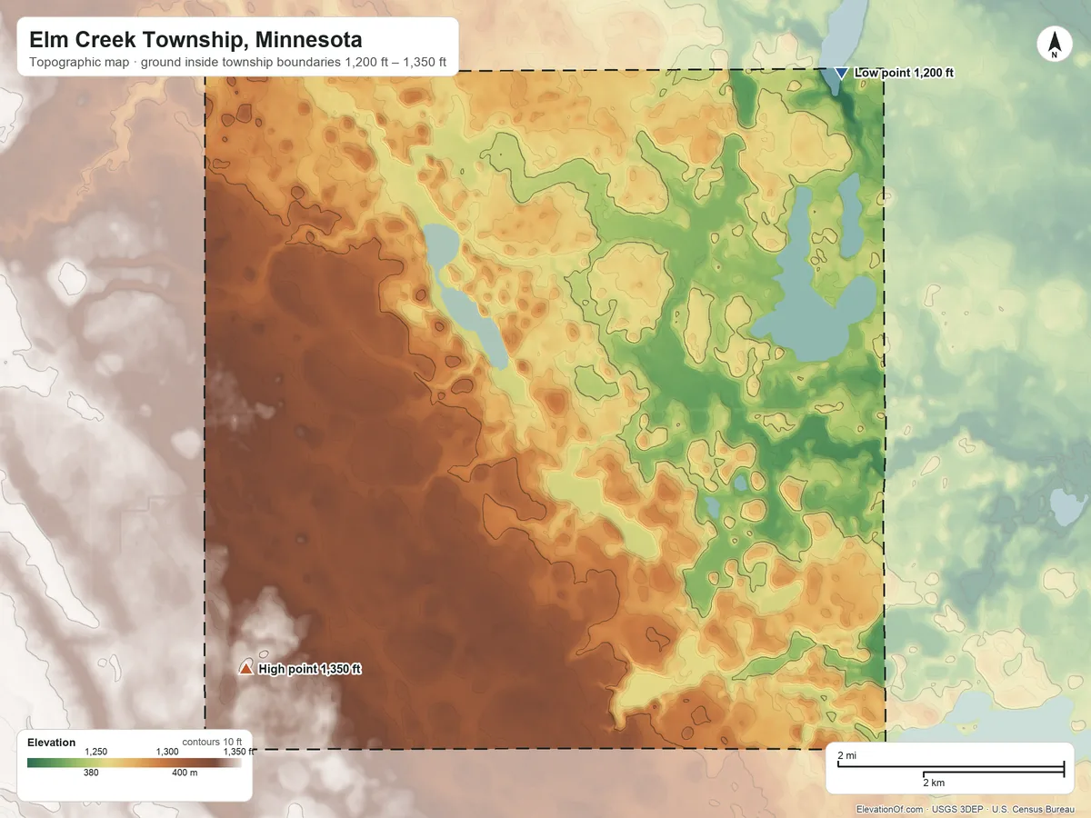 Topographic elevation map of Elm Creek Township, Minnesota, shaded from 1,200 ft on the northeast side to 1,350 ft on the southwest side