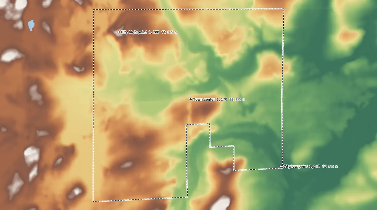 Topographic elevation map of Elmdale, Minnesota, shaded from 1,140 ft on the southeast side to 1,200 ft on the northwest side