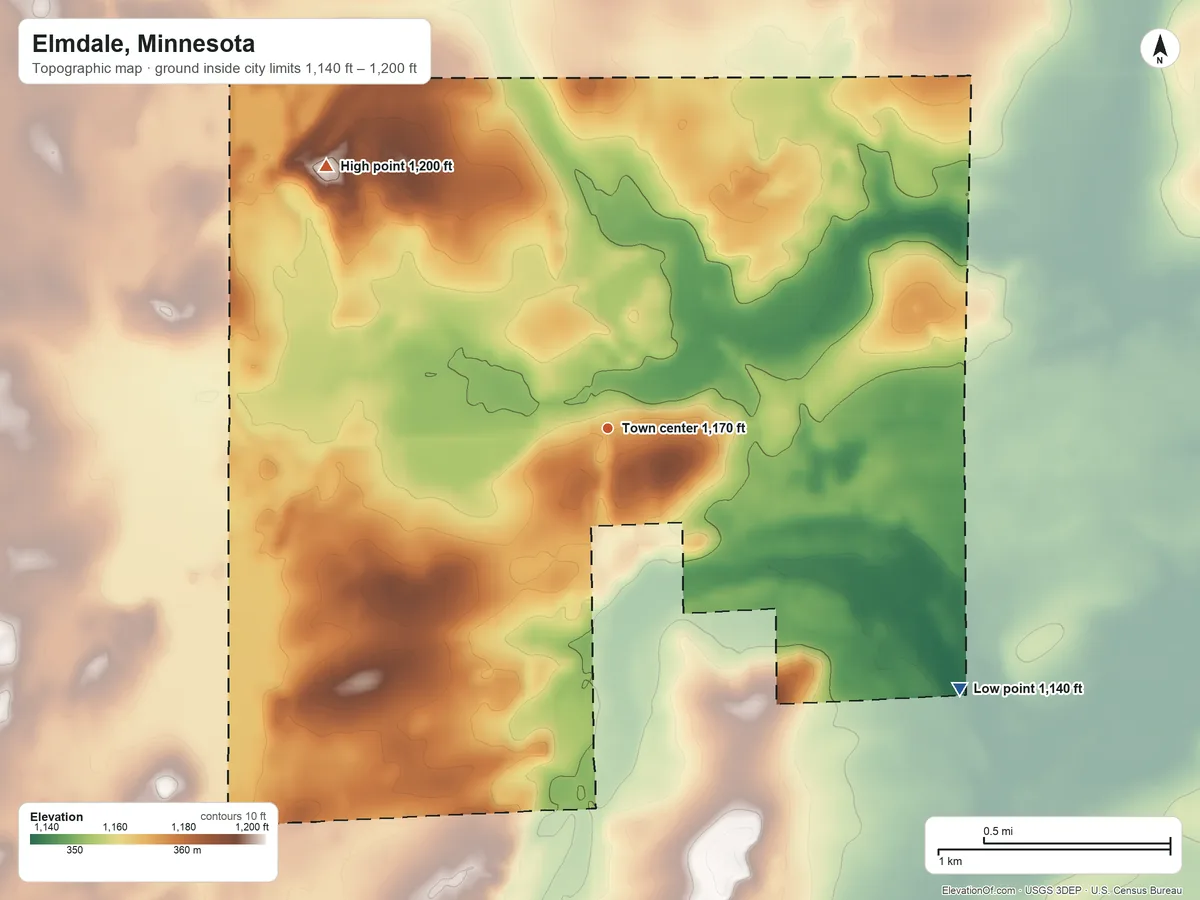 Topographic elevation map of Elmdale, Minnesota, shaded from 1,140 ft on the southeast side to 1,200 ft on the northwest side