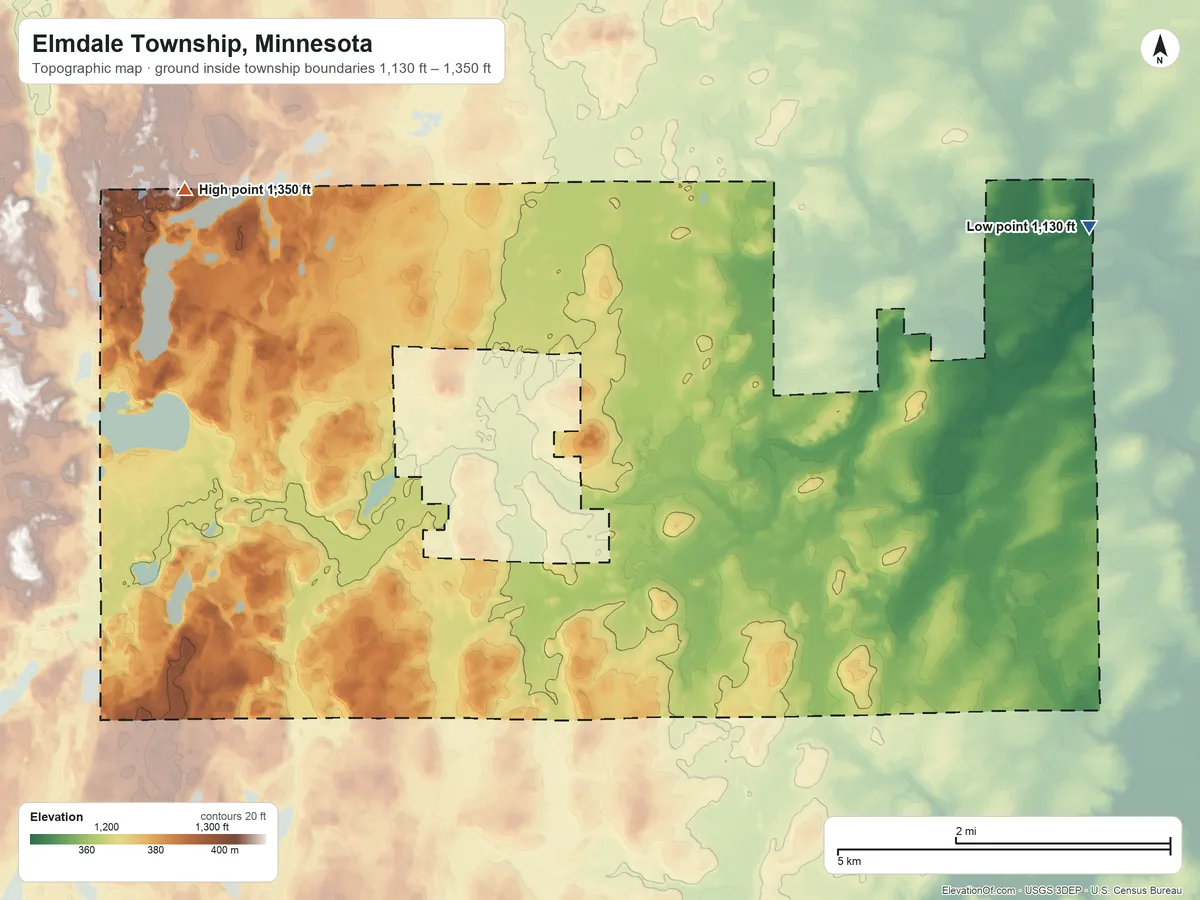 Topographic elevation map of Elmdale Township, Minnesota, shaded from 1,130 ft on the northeast side to 1,350 ft on the northwest side