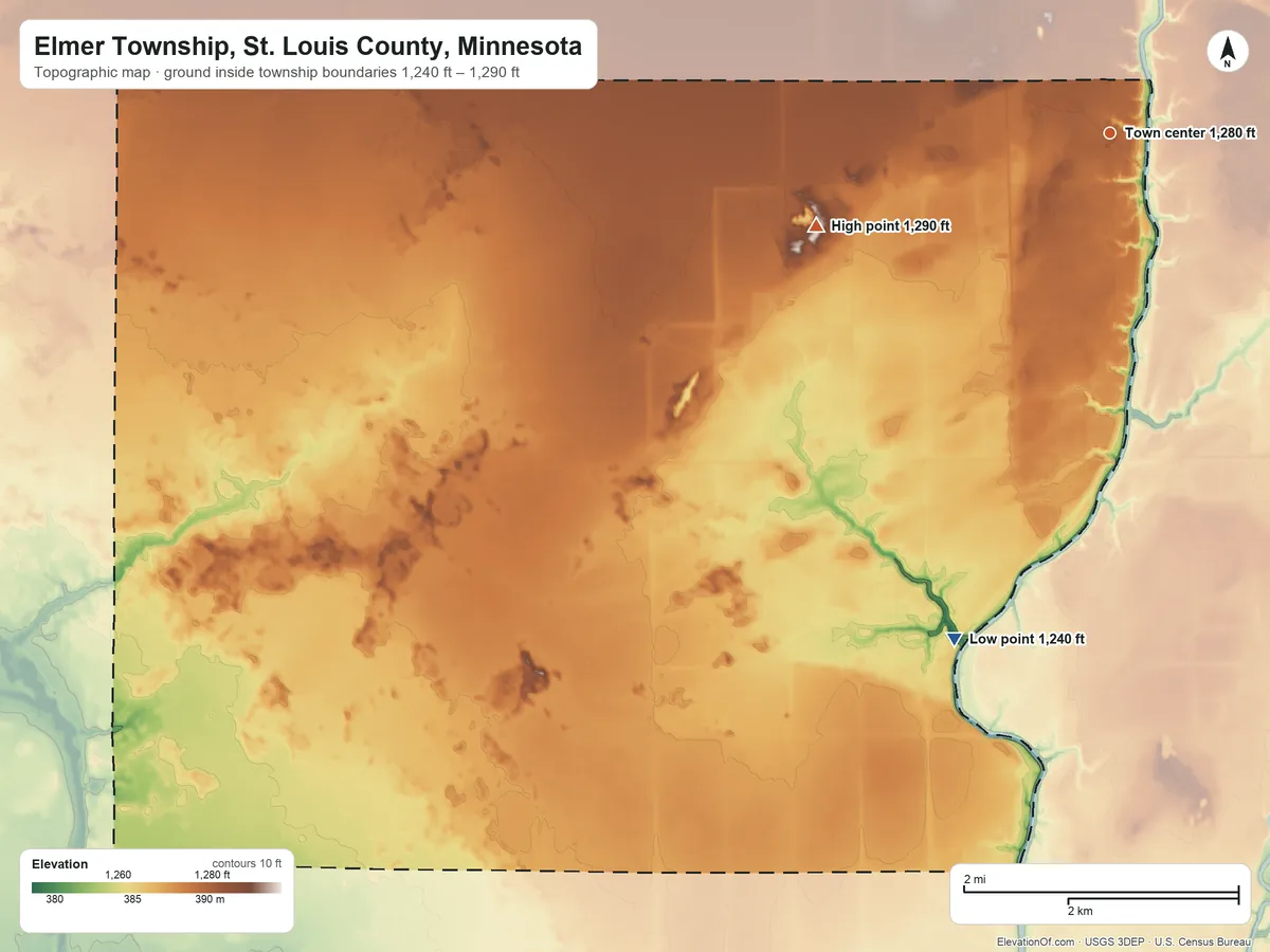 Topographic elevation map of Elmer Township, St. Louis County, Minnesota, shaded from 1,240 ft on the south side to 1,290 ft on the west side