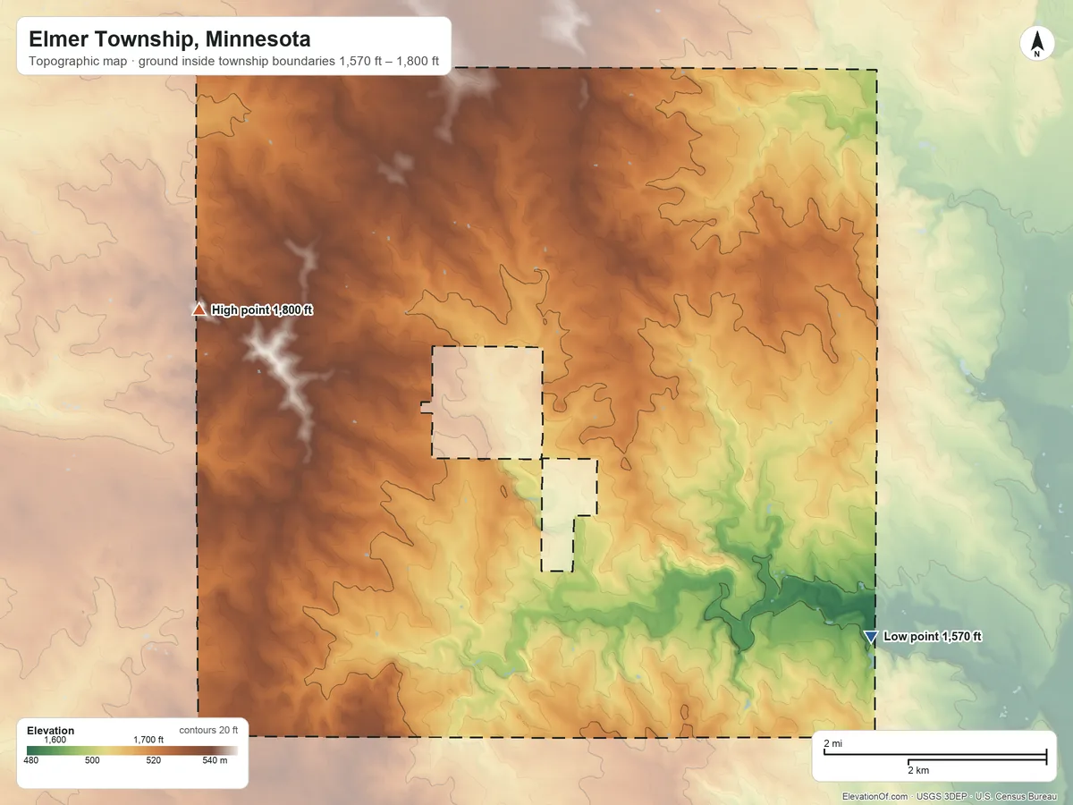 Topographic elevation map of Elmer Township, Minnesota, shaded from 1,570 ft on the southeast side to 1,800 ft on the west side