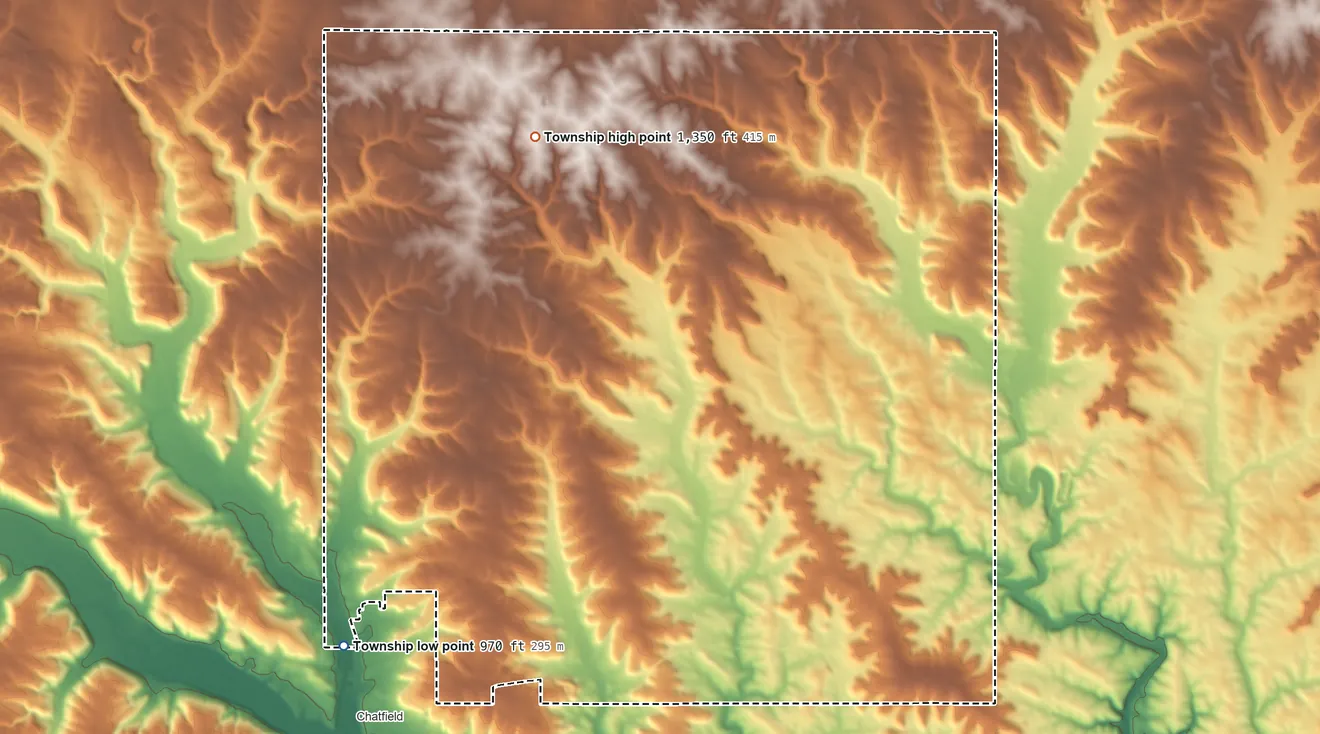 Topographic elevation map of Elmira Township, Minnesota, shaded from 970 ft on the southwest side to 1,350 ft on the north side