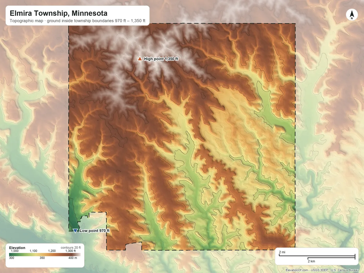 Topographic elevation map of Elmira Township, Minnesota, shaded from 970 ft on the southwest side to 1,350 ft on the north side