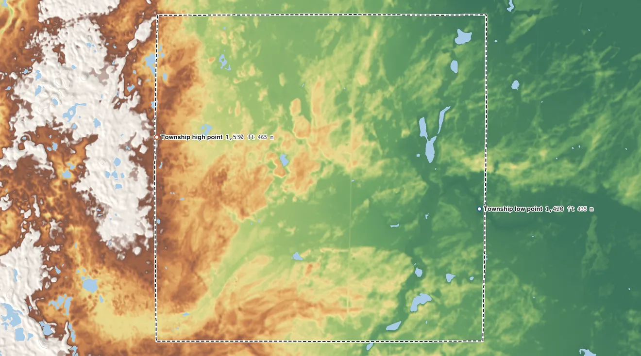 Topographic elevation map of Elmo Township, Minnesota, shaded from 1,420 ft on the east side to 1,530 ft on the west side