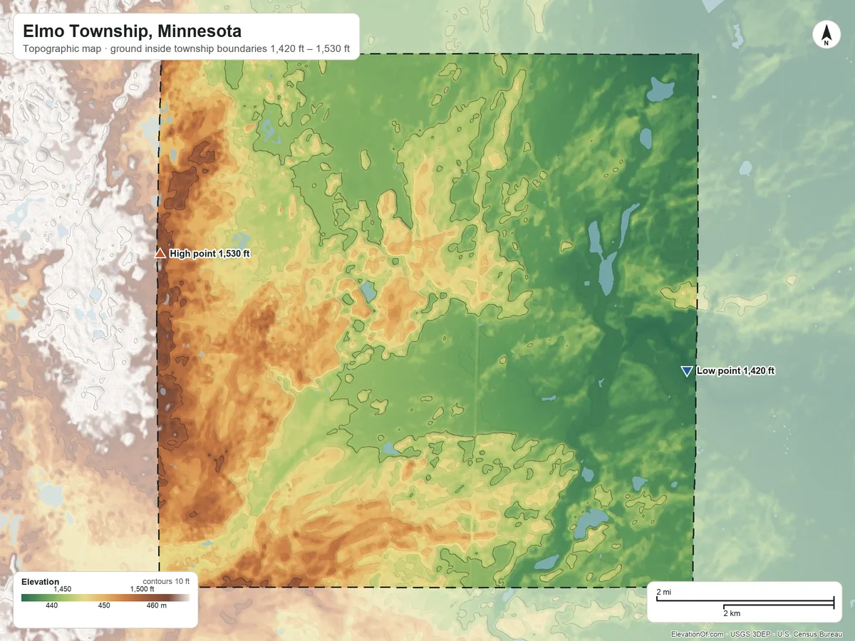 Topographic elevation map of Elmo Township, Minnesota, shaded from 1,420 ft on the east side to 1,530 ft on the west side