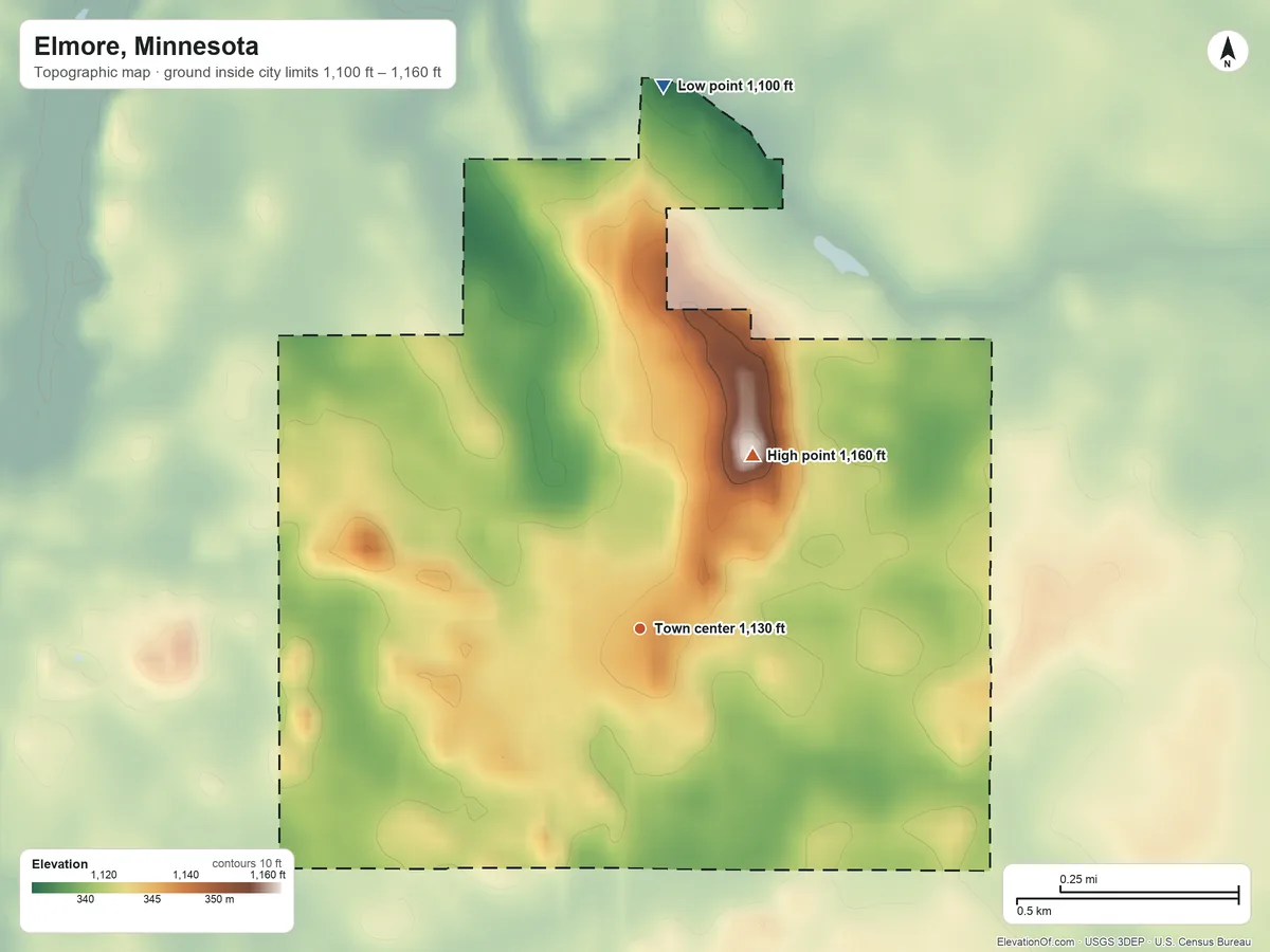 Topographic elevation map of Elmore, Minnesota, shaded from 1,100 ft on the north side to 1,160 ft on the northeast side