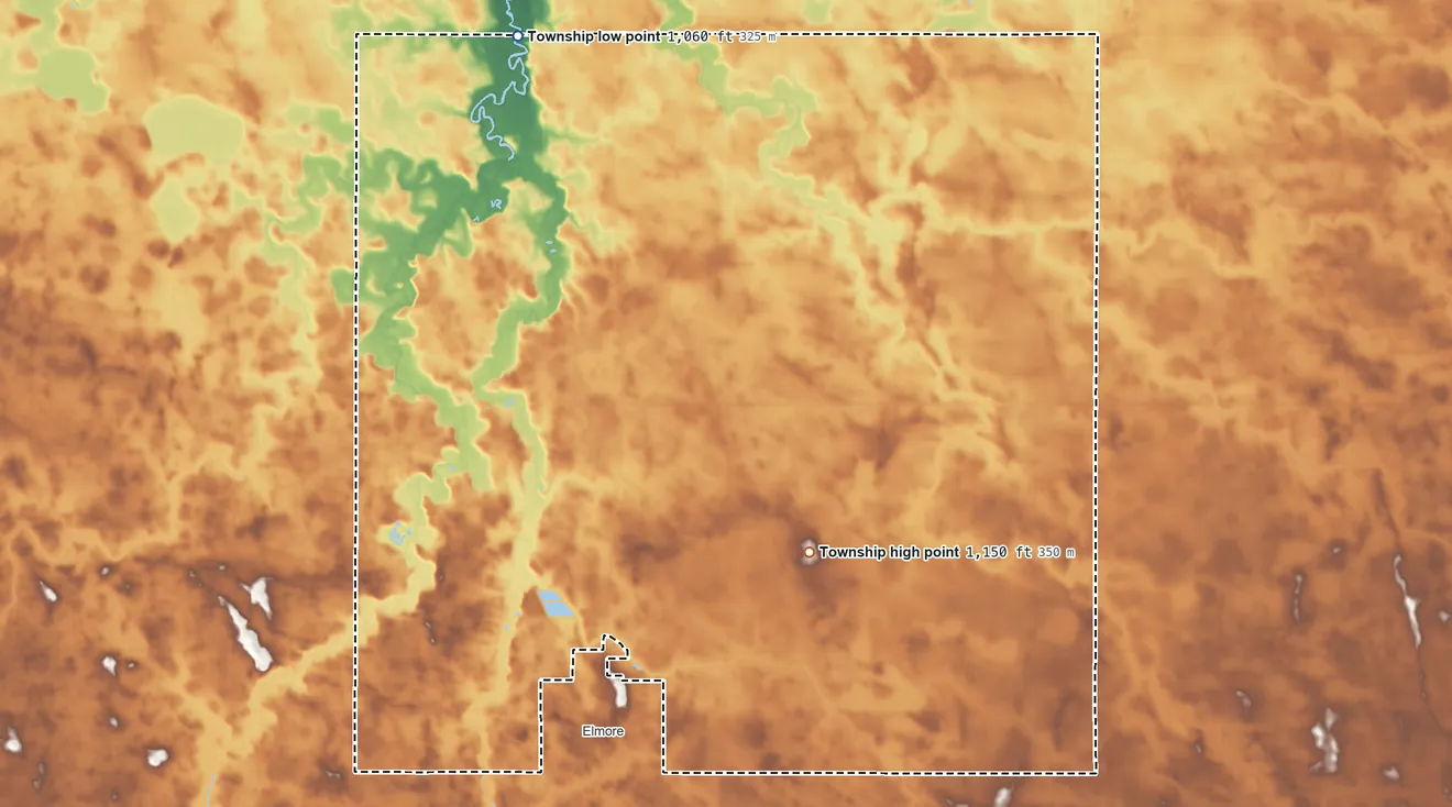 Topographic elevation map of Elmore Township, Minnesota, shaded from 1,060 ft on the northwest side to 1,150 ft on the south side