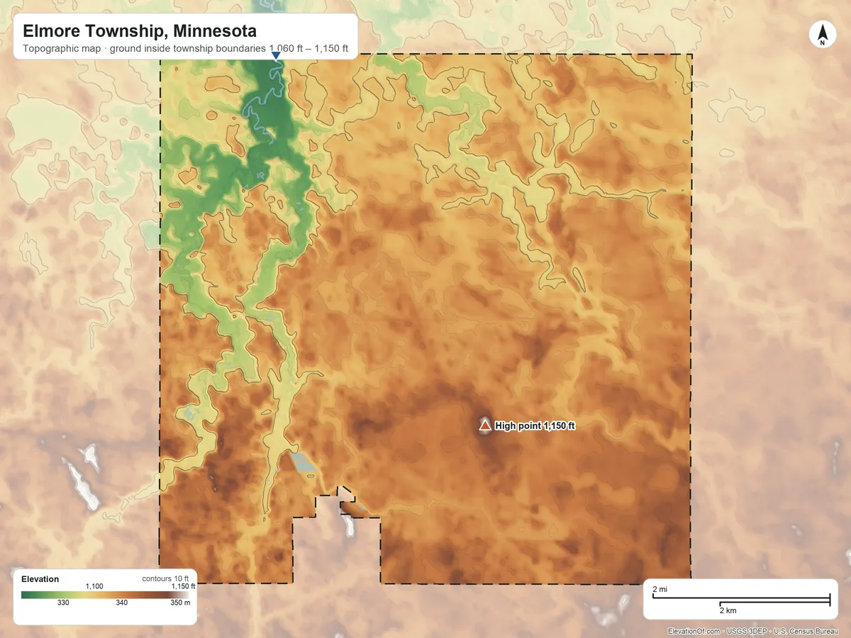 Topographic elevation map of Elmore Township, Minnesota, shaded from 1,060 ft on the northwest side to 1,150 ft on the south side