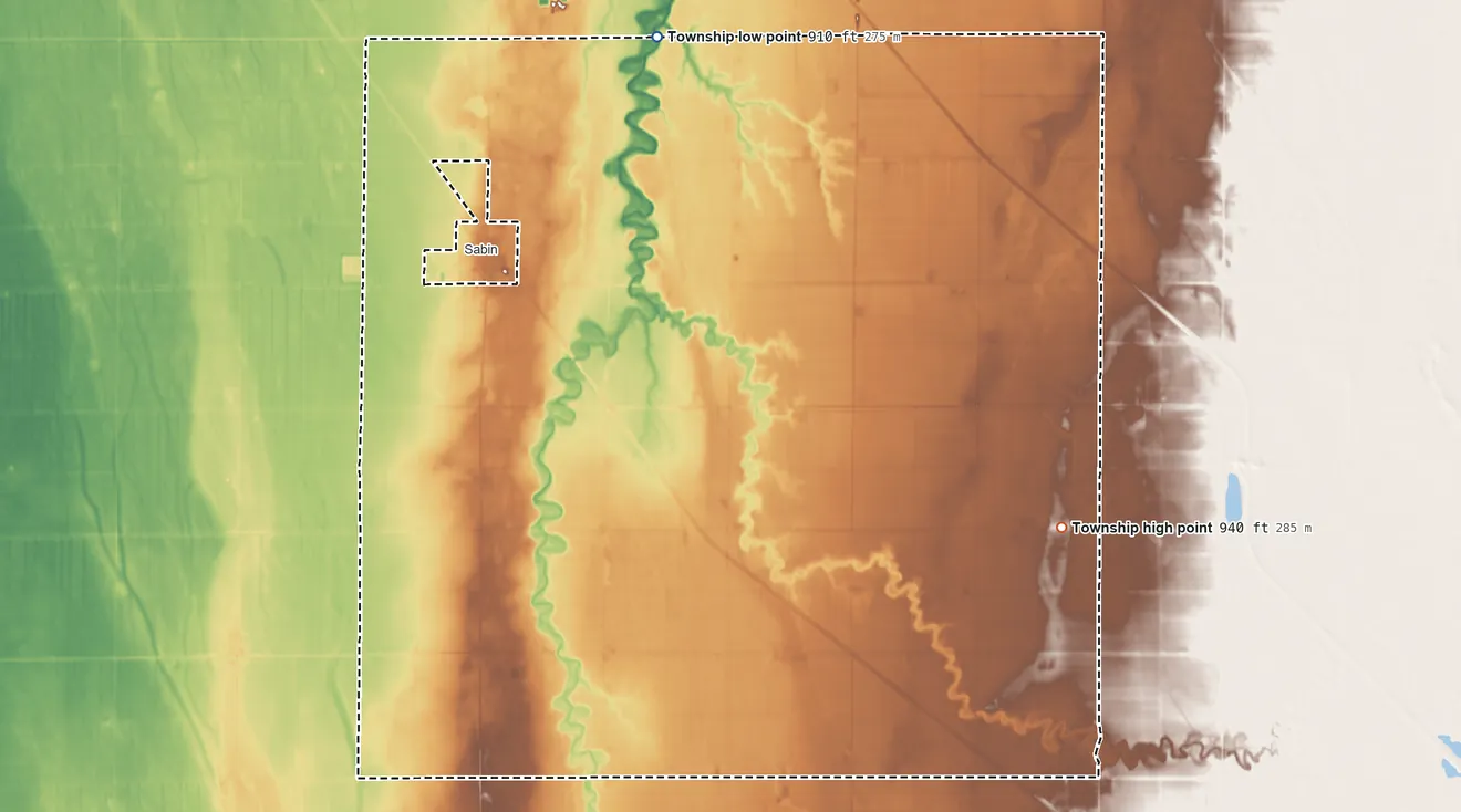 Topographic elevation map of Elmwood Township, Minnesota, shaded from 910 ft on the north side to 940 ft on the east side