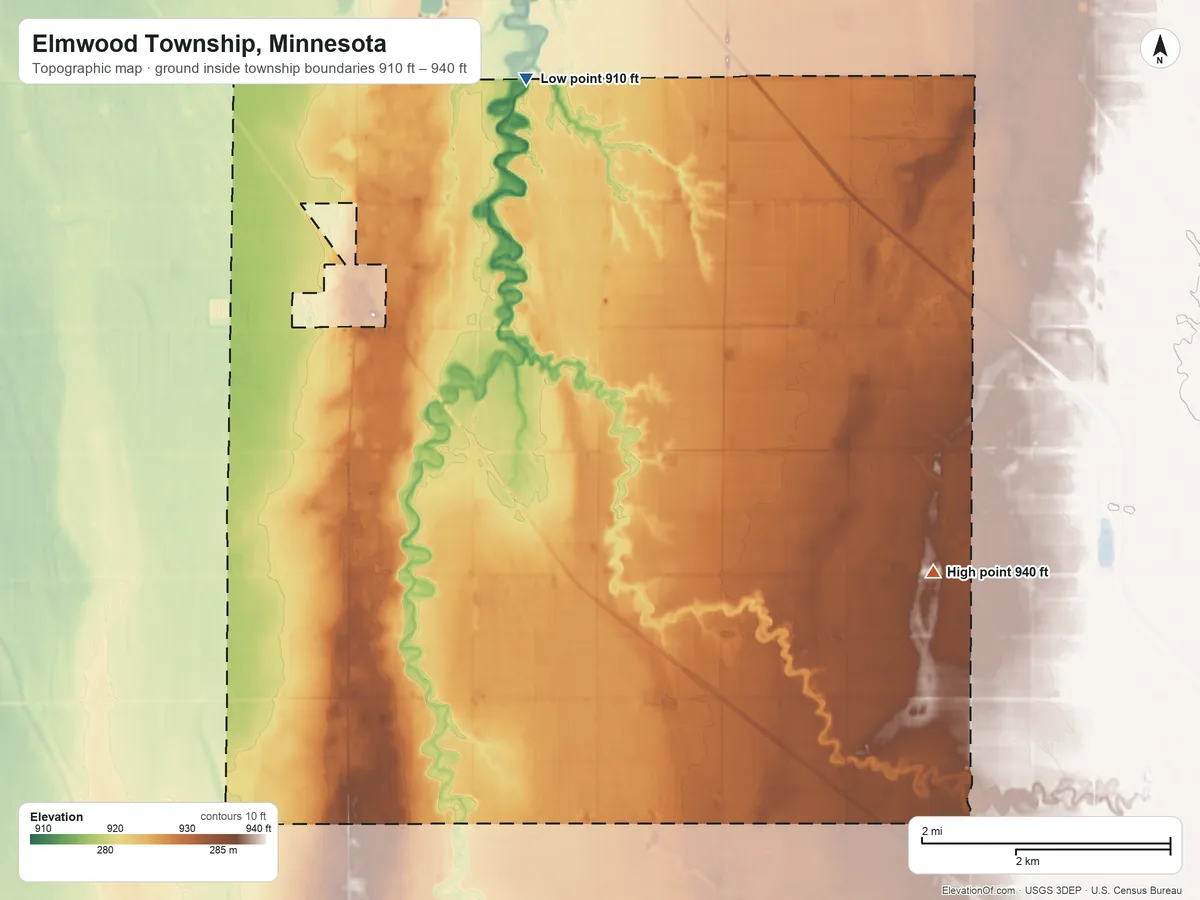 Topographic elevation map of Elmwood Township, Minnesota, shaded from 910 ft on the north side to 940 ft on the east side