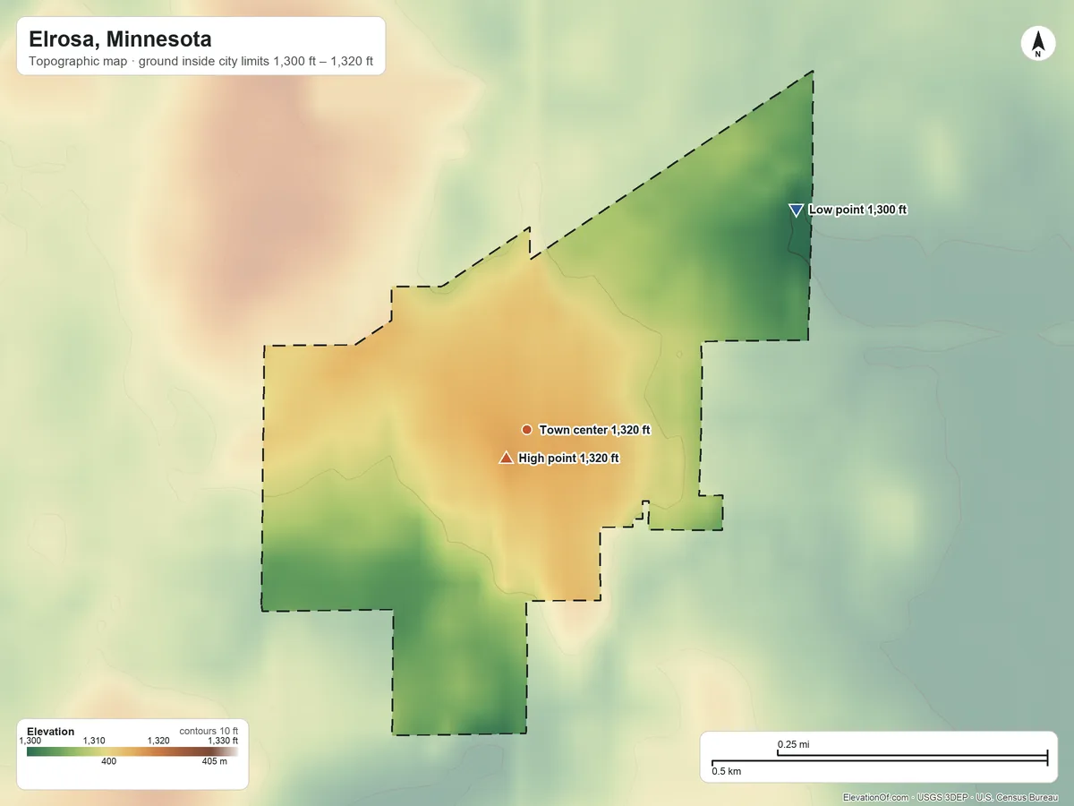 Topographic elevation map of Elrosa, Minnesota, shaded from 1,300 ft on the northeast side to 1,320 ft near the middle