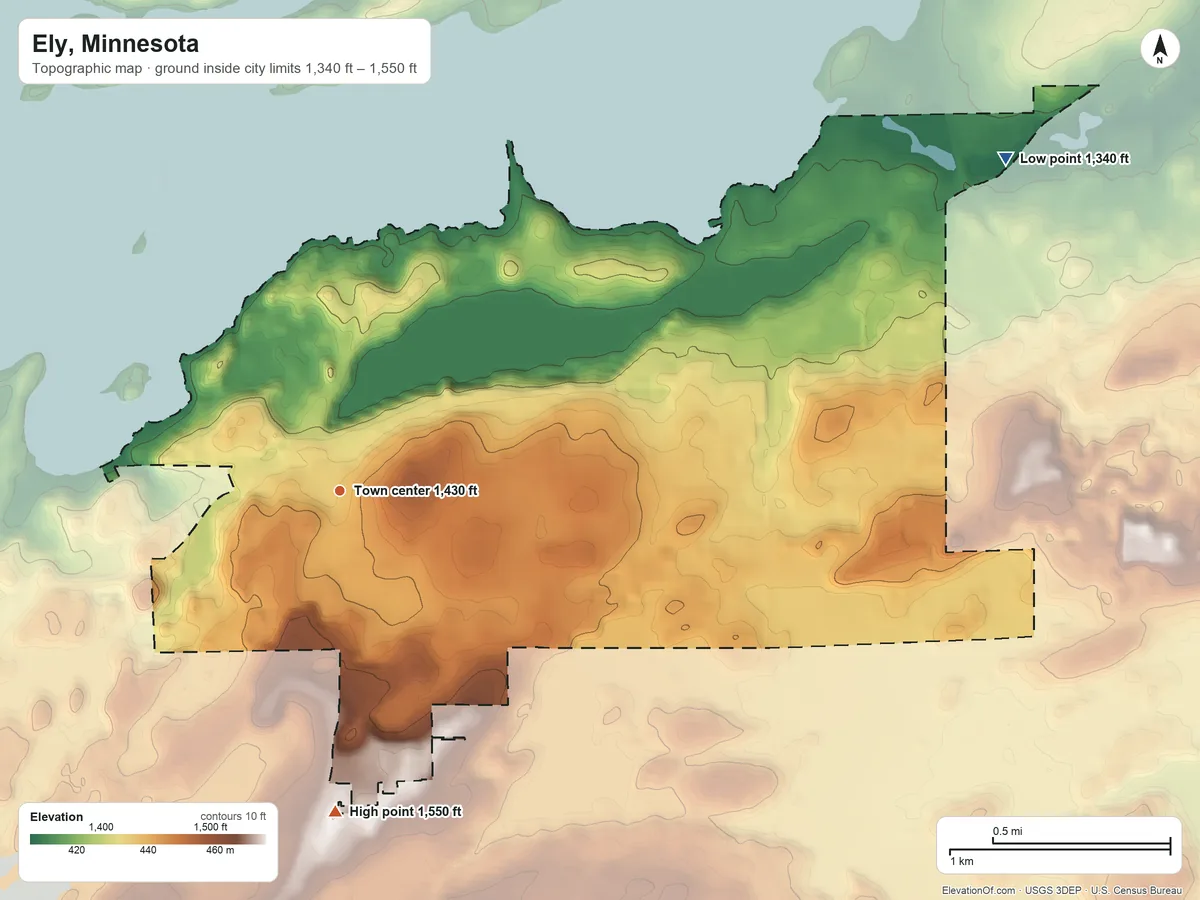 Topographic elevation map of Ely, Minnesota, shaded from 1,340 ft on the northeast side to 1,550 ft on the south side