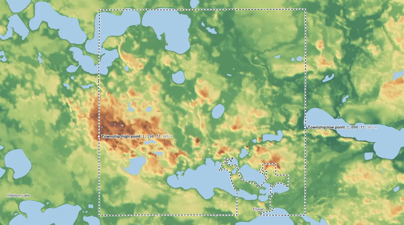Topographic elevation map of Elysian Township, Minnesota, shaded from 1,000 ft on the east side to 1,190 ft on the southwest side