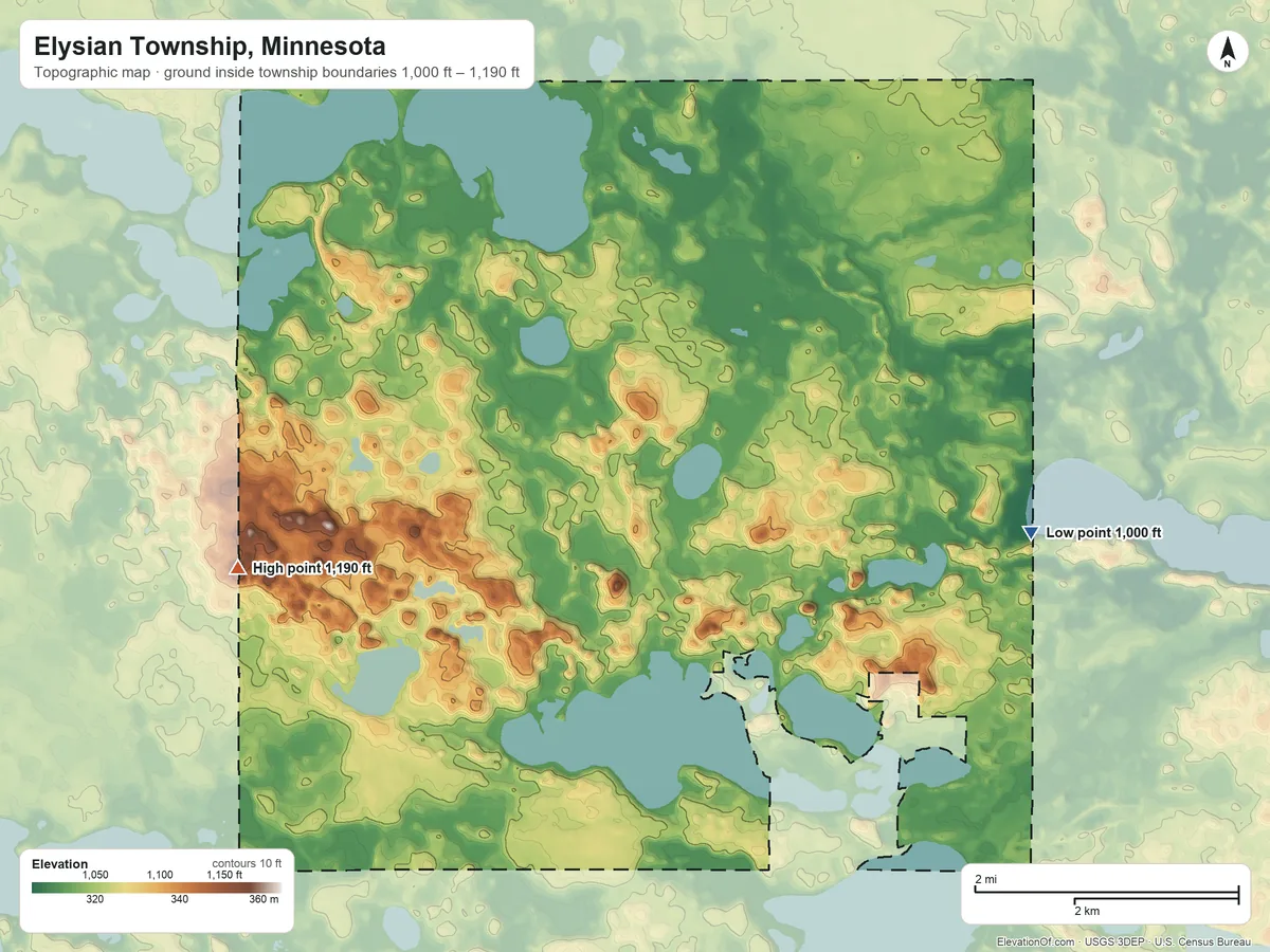 Topographic elevation map of Elysian Township, Minnesota, shaded from 1,000 ft on the east side to 1,190 ft on the southwest side
