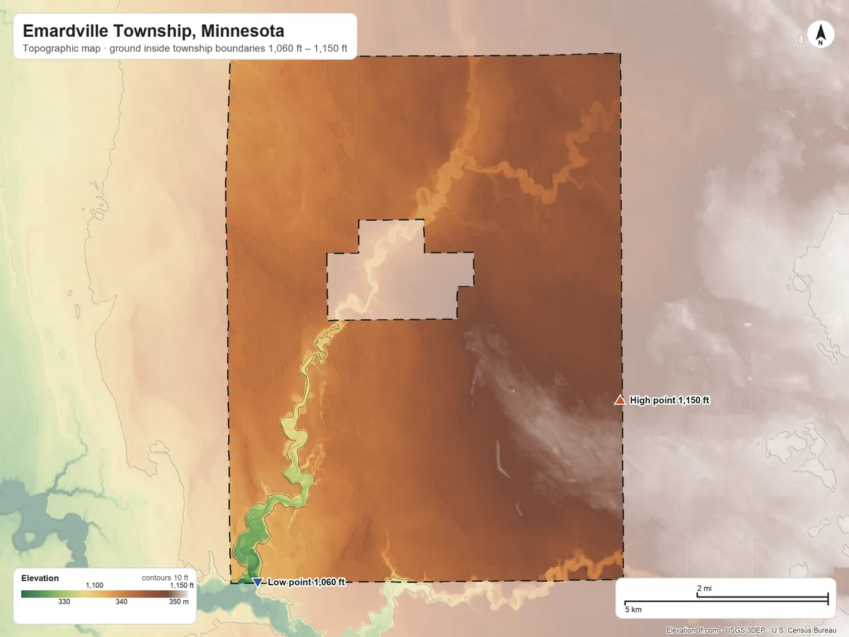 Topographic elevation map of Emardville Township, Minnesota, shaded from 1,060 ft on the southwest side to 1,150 ft on the east side