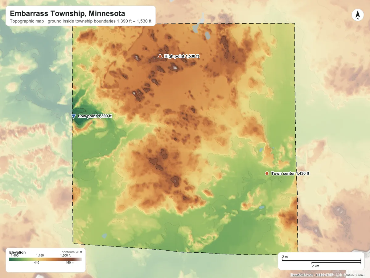 Topographic elevation map of Embarrass Township, Minnesota, shaded from 1,390 ft on the west side to 1,530 ft on the northwest side