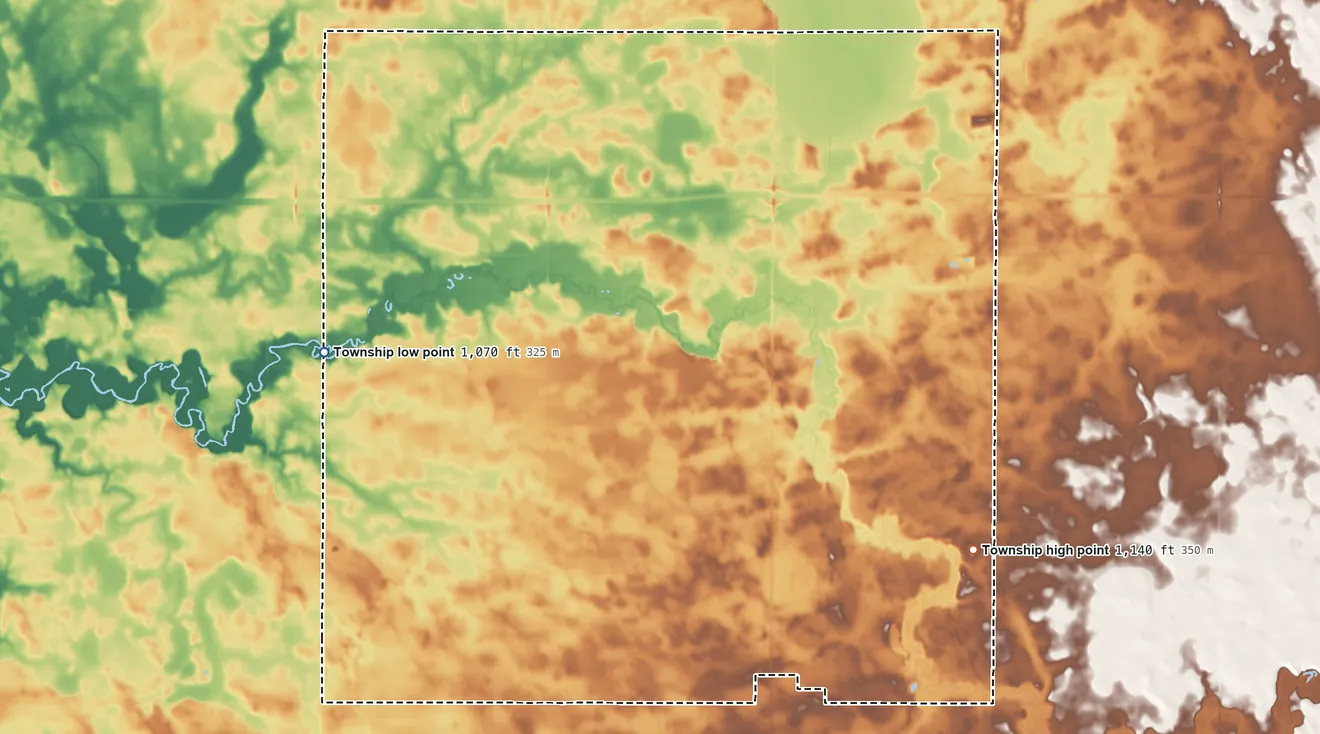 Topographic elevation map of Emerald Township, Minnesota, shaded from 1,070 ft on the west side to 1,140 ft on the southeast side