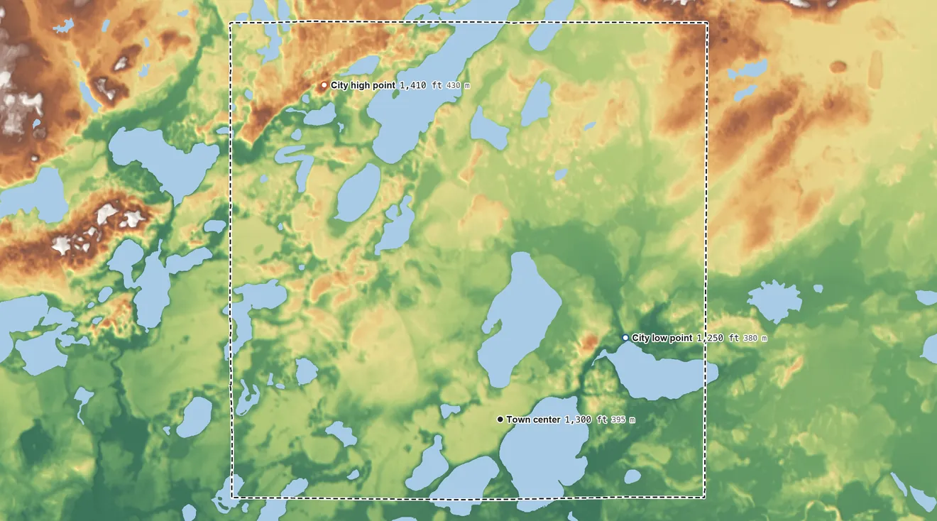 Topographic elevation map of Emily, Minnesota, shaded from 1,250 ft on the northeast side to 1,410 ft on the northwest side