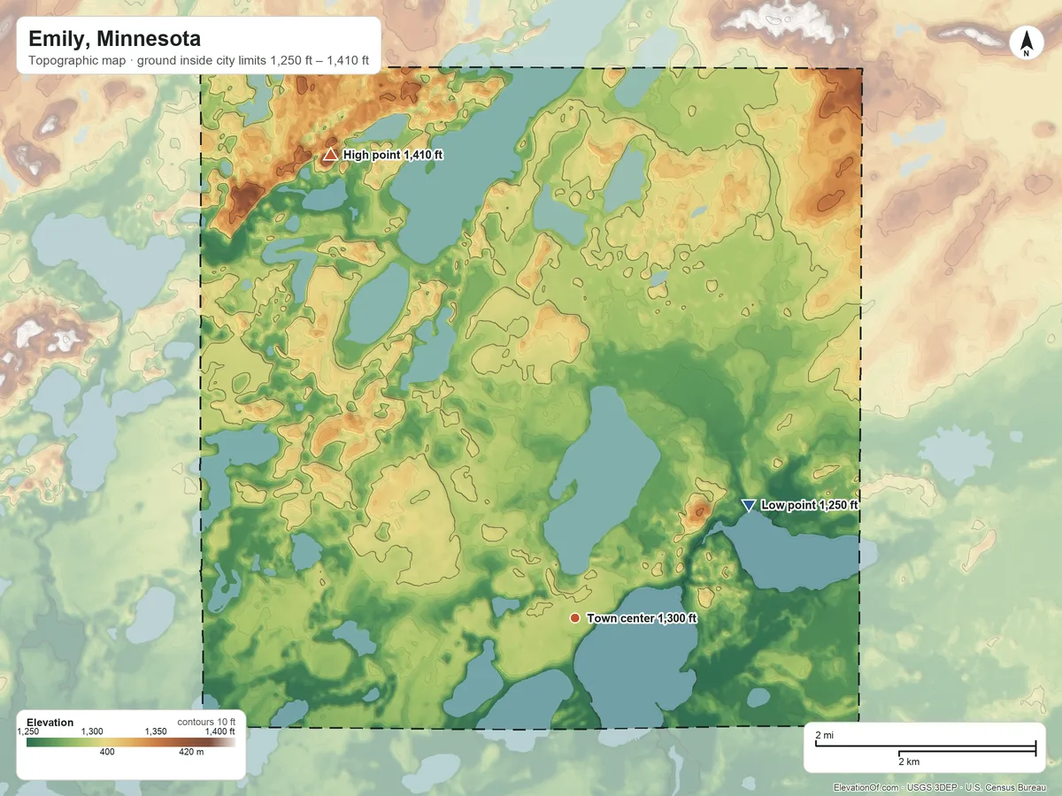 Topographic elevation map of Emily, Minnesota, shaded from 1,250 ft on the northeast side to 1,410 ft on the northwest side