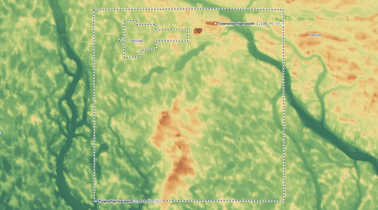 Topographic elevation map of Emmet Township, Minnesota, shaded from 1,040 ft on the southwest side to 1,130 ft on the northeast side