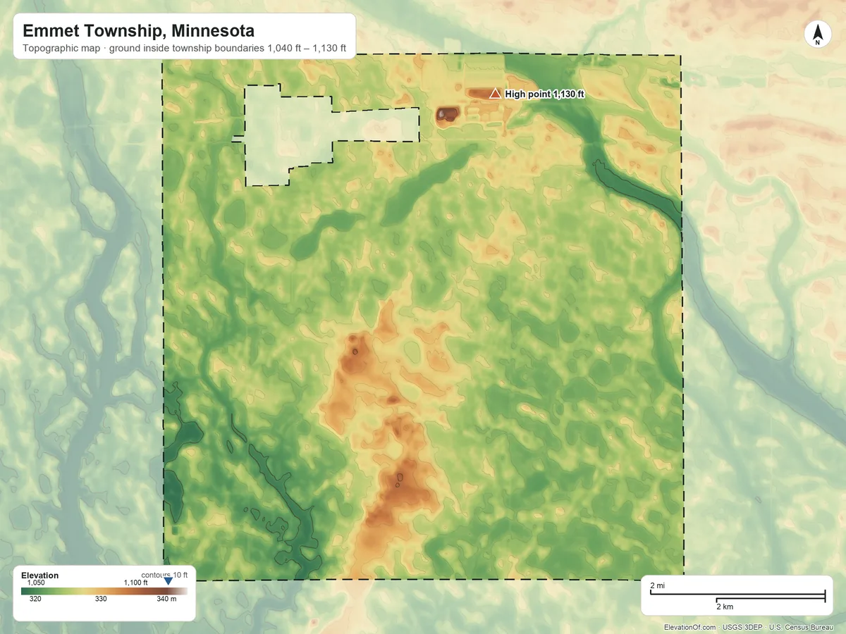 Topographic elevation map of Emmet Township, Minnesota, shaded from 1,040 ft on the southwest side to 1,130 ft on the northeast side
