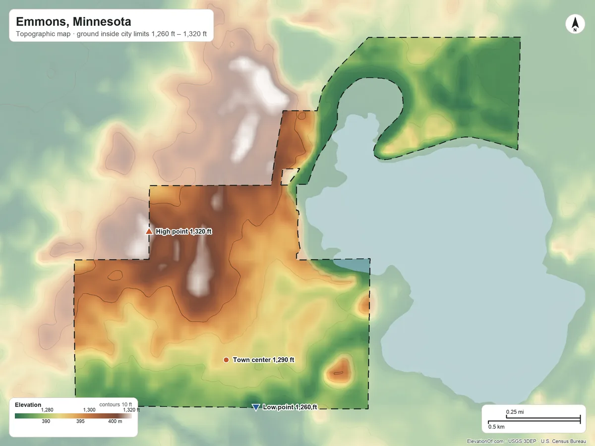 Topographic elevation map of Emmons, Minnesota, shaded from 1,260 ft near the middle to 1,320 ft on the northwest side