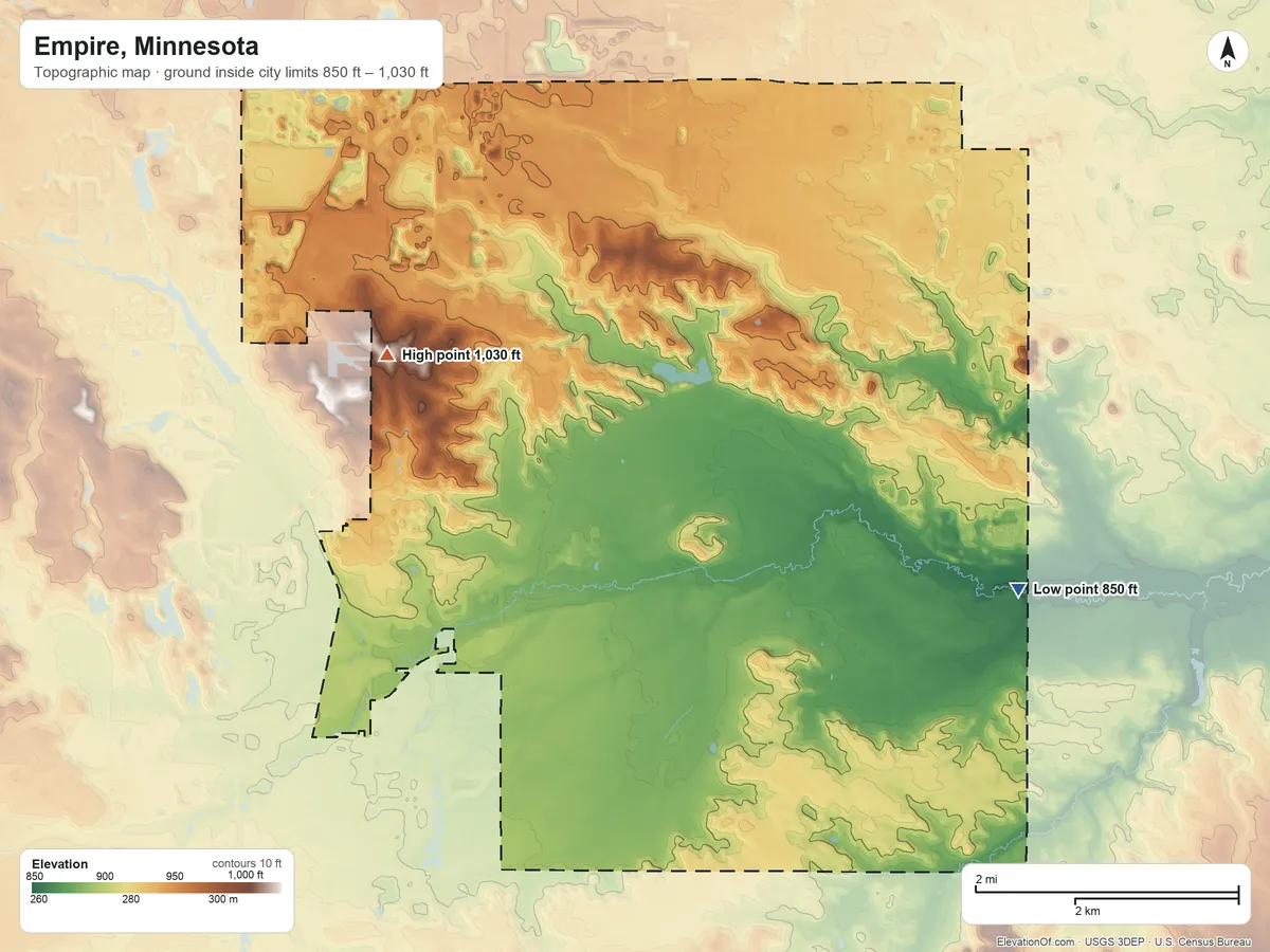Topographic elevation map of Empire, Minnesota, shaded from 850 ft on the east side to 1,030 ft on the north side