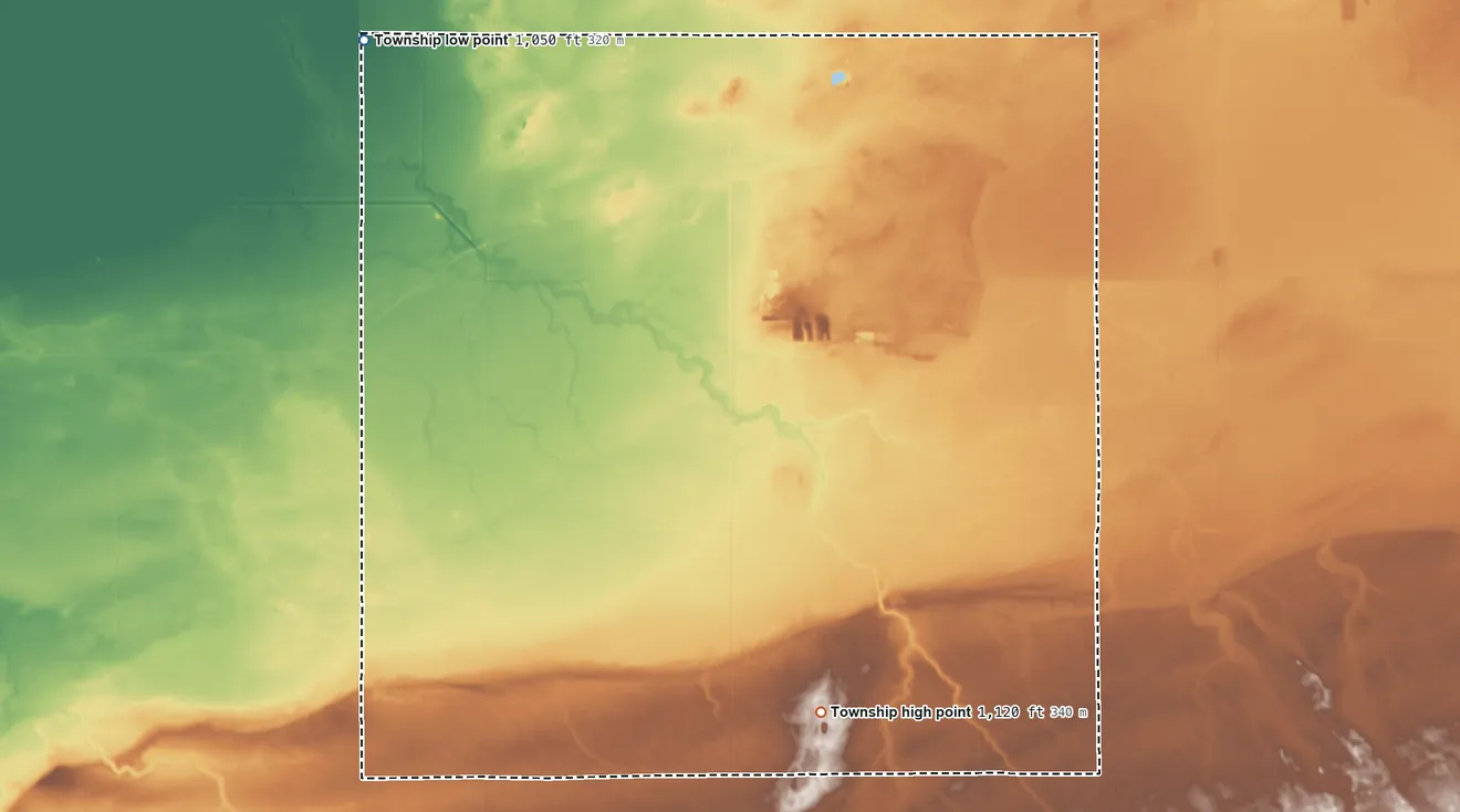 Topographic elevation map of Enstrom Township, Minnesota, shaded from 1,050 ft on the northwest side to 1,120 ft on the south side