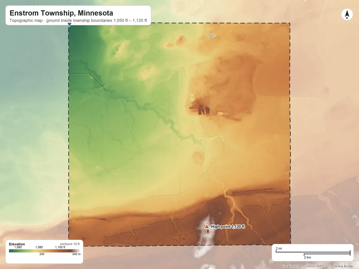 Topographic elevation map of Enstrom Township, Minnesota, shaded from 1,050 ft on the northwest side to 1,120 ft on the south side
