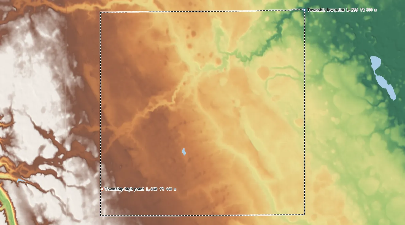 Topographic elevation map of Enterprise Township, Minnesota, shaded from 1,280 ft on the northeast side to 1,440 ft on the southwest side