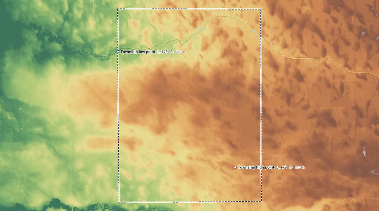 Topographic elevation map of Equality Township, Minnesota, shaded from 1,140 ft on the northwest side to 1,170 ft on the southeast side
