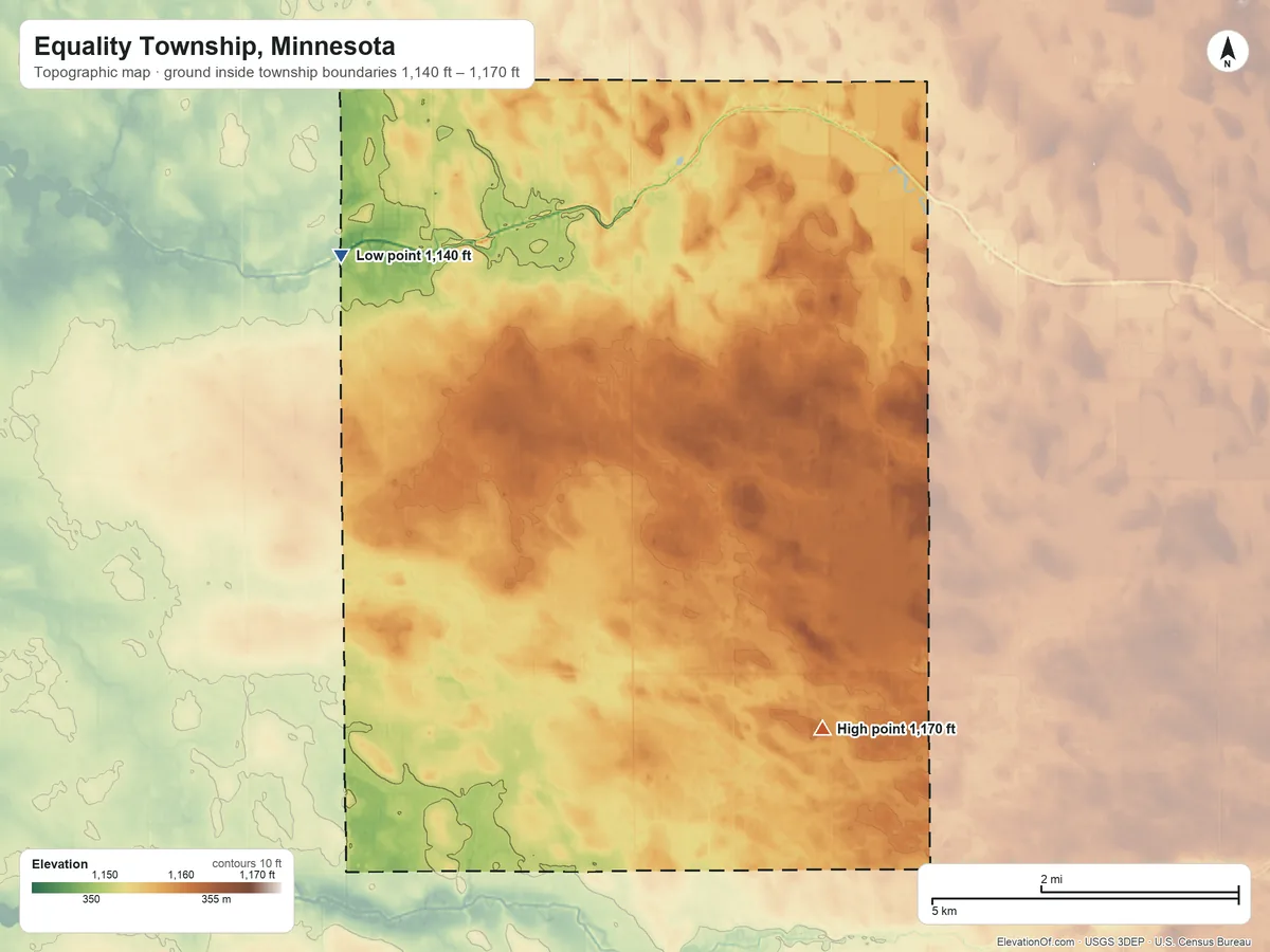 Topographic elevation map of Equality Township, Minnesota, shaded from 1,140 ft on the northwest side to 1,170 ft on the southeast side