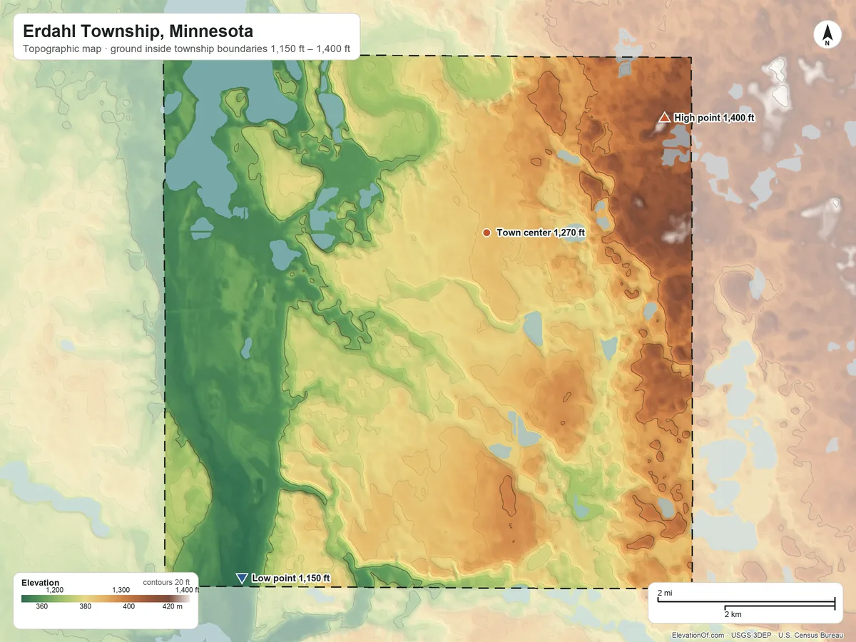 Topographic elevation map of Erdahl Township, Minnesota, shaded from 1,150 ft on the southwest side to 1,400 ft on the northeast side