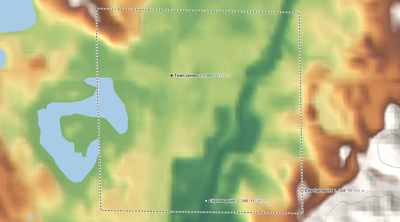 Topographic elevation map of Erhard, Minnesota, shaded from 1,260 ft on the south side to 1,360 ft on the southeast side