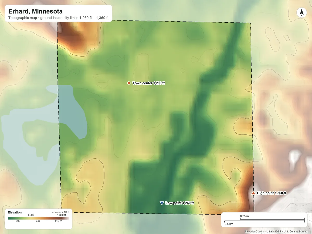 Topographic elevation map of Erhard, Minnesota, shaded from 1,260 ft on the south side to 1,360 ft on the southeast side