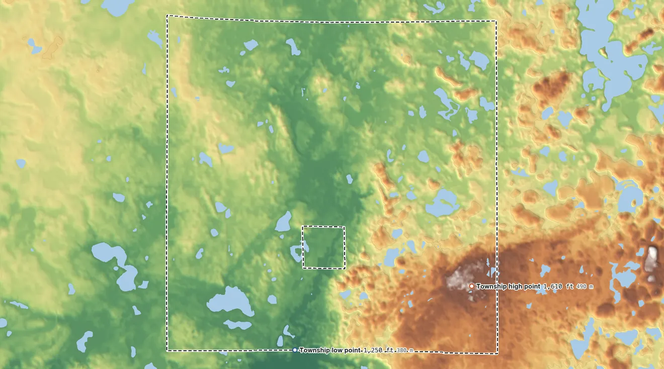 Topographic elevation map of Erhards Grove Township, Minnesota, shaded from 1,250 ft on the southwest side to 1,610 ft on the southeast side