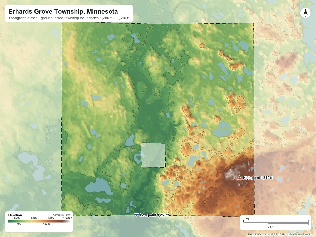 Topographic elevation map of Erhards Grove Township, Minnesota, shaded from 1,250 ft on the southwest side to 1,610 ft on the southeast side