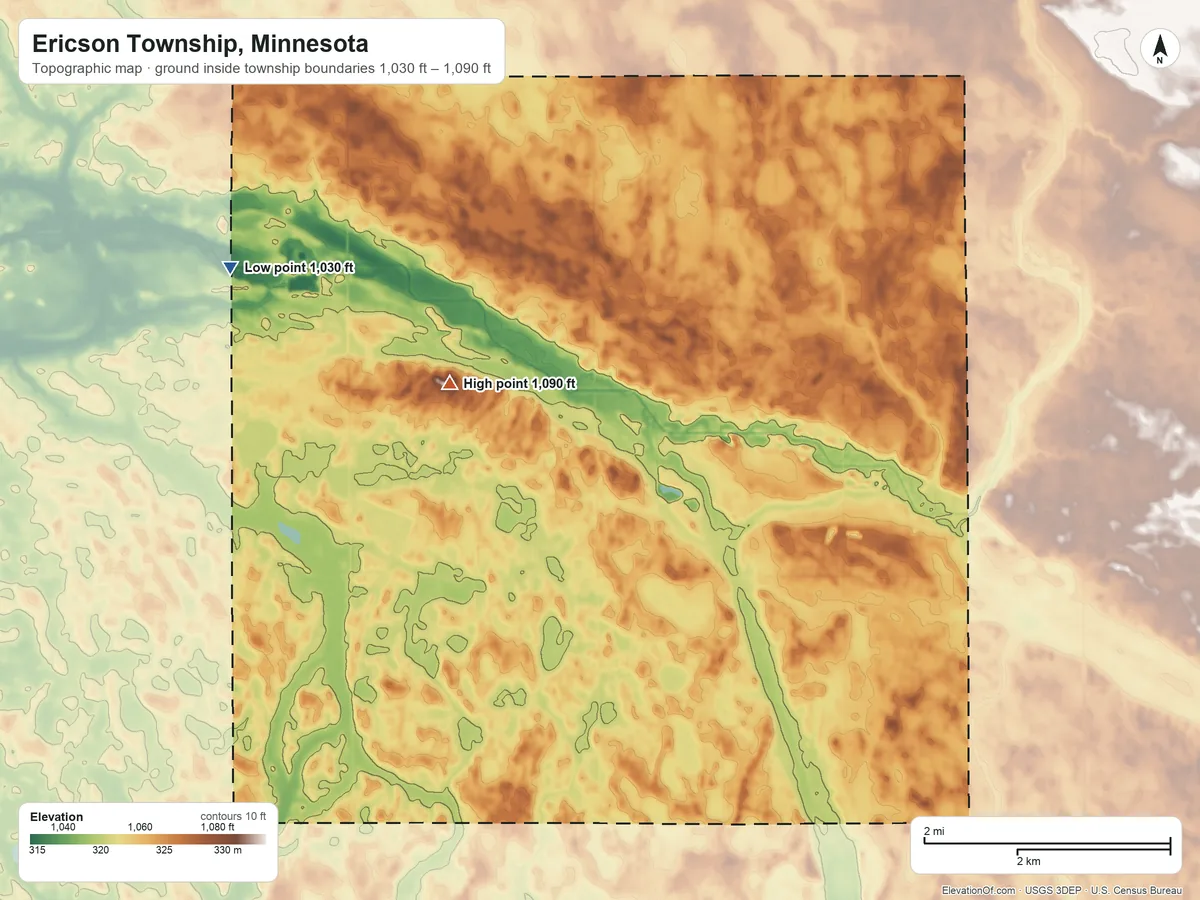 Topographic elevation map of Ericson Township, Minnesota, shaded from 1,030 ft on the northwest side to 1,090 ft on the northwest side