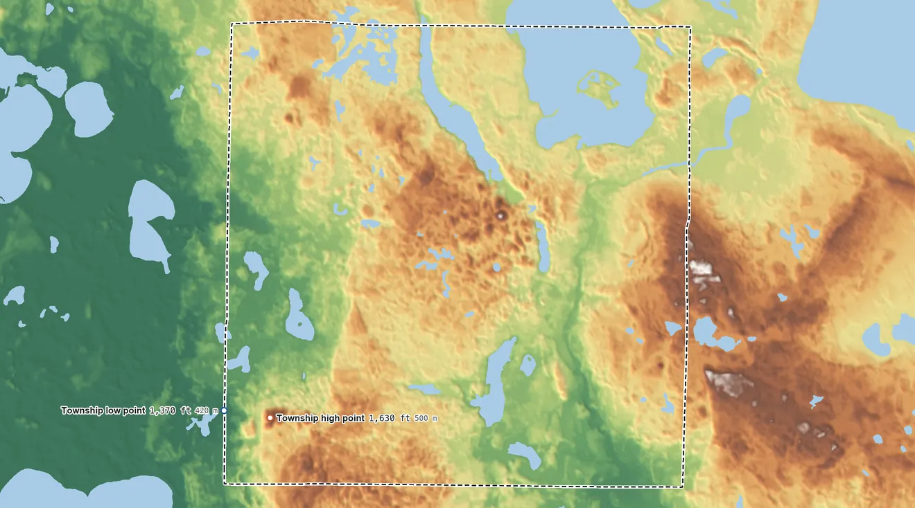 Topographic elevation map of Erie Township, Minnesota, shaded from 1,370 ft on the southwest side to 1,630 ft on Detroit Mountain