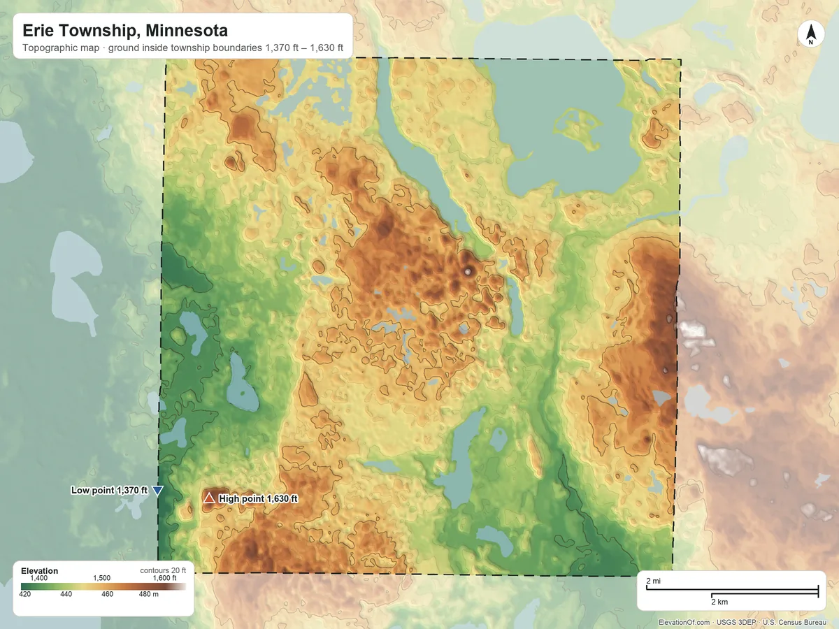 Topographic elevation map of Erie Township, Minnesota, shaded from 1,370 ft on the southwest side to 1,630 ft on Detroit Mountain