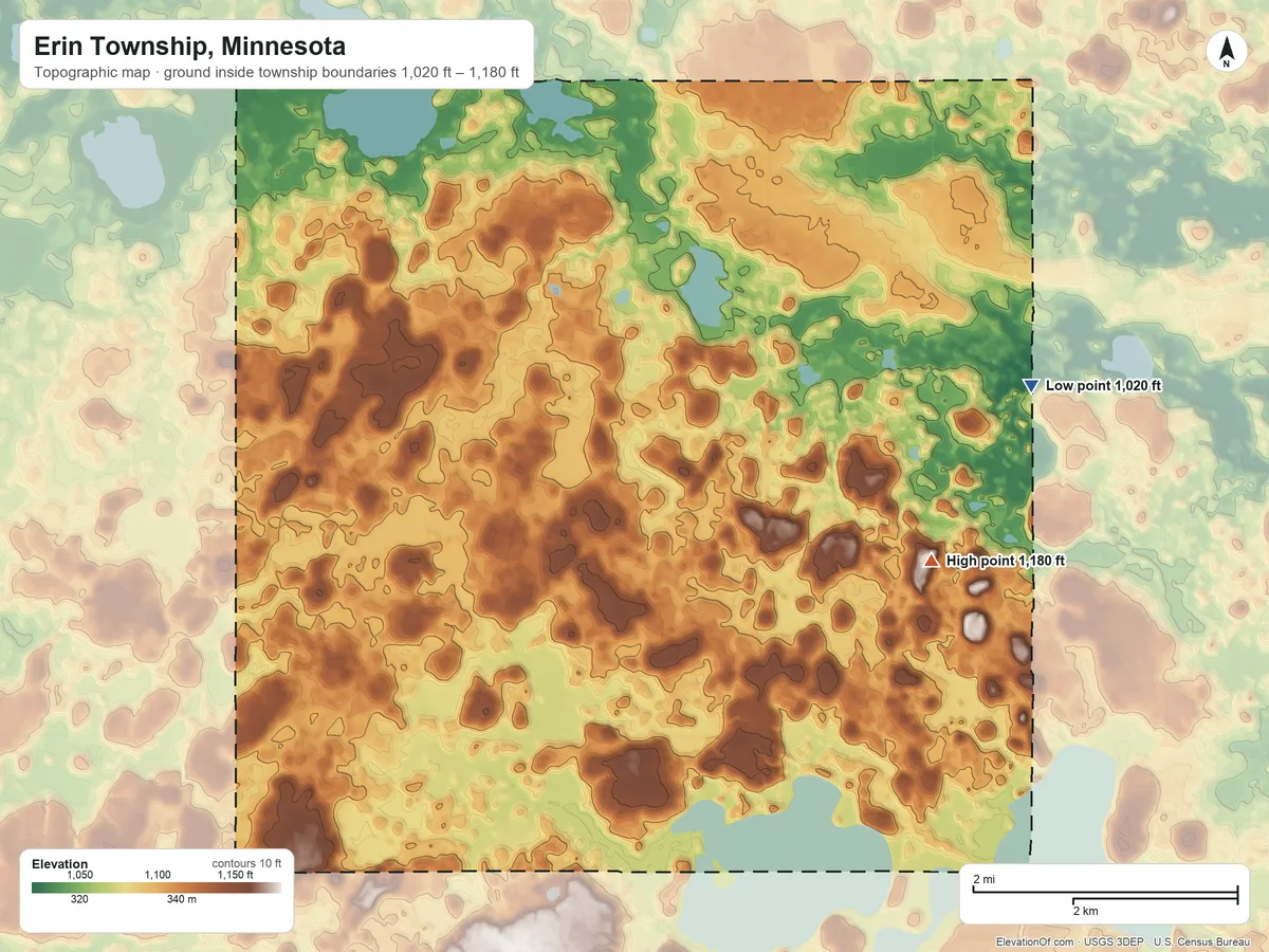 Topographic elevation map of Erin Township, Minnesota, shaded from 1,020 ft on the east side to 1,180 ft on the east side