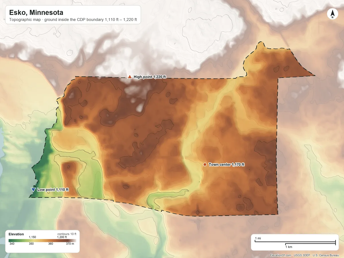 Topographic elevation map of Esko, Minnesota, shaded from 1,110 ft on the west side to 1,220 ft on the northwest side