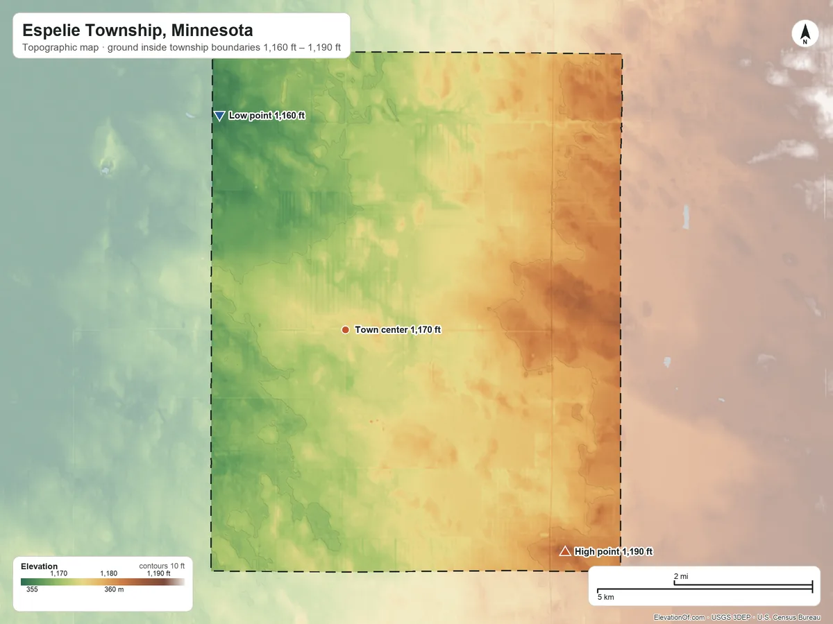 Topographic elevation map of Espelie Township, Minnesota, shaded from 1,160 ft on the northwest side to 1,190 ft on the southeast side