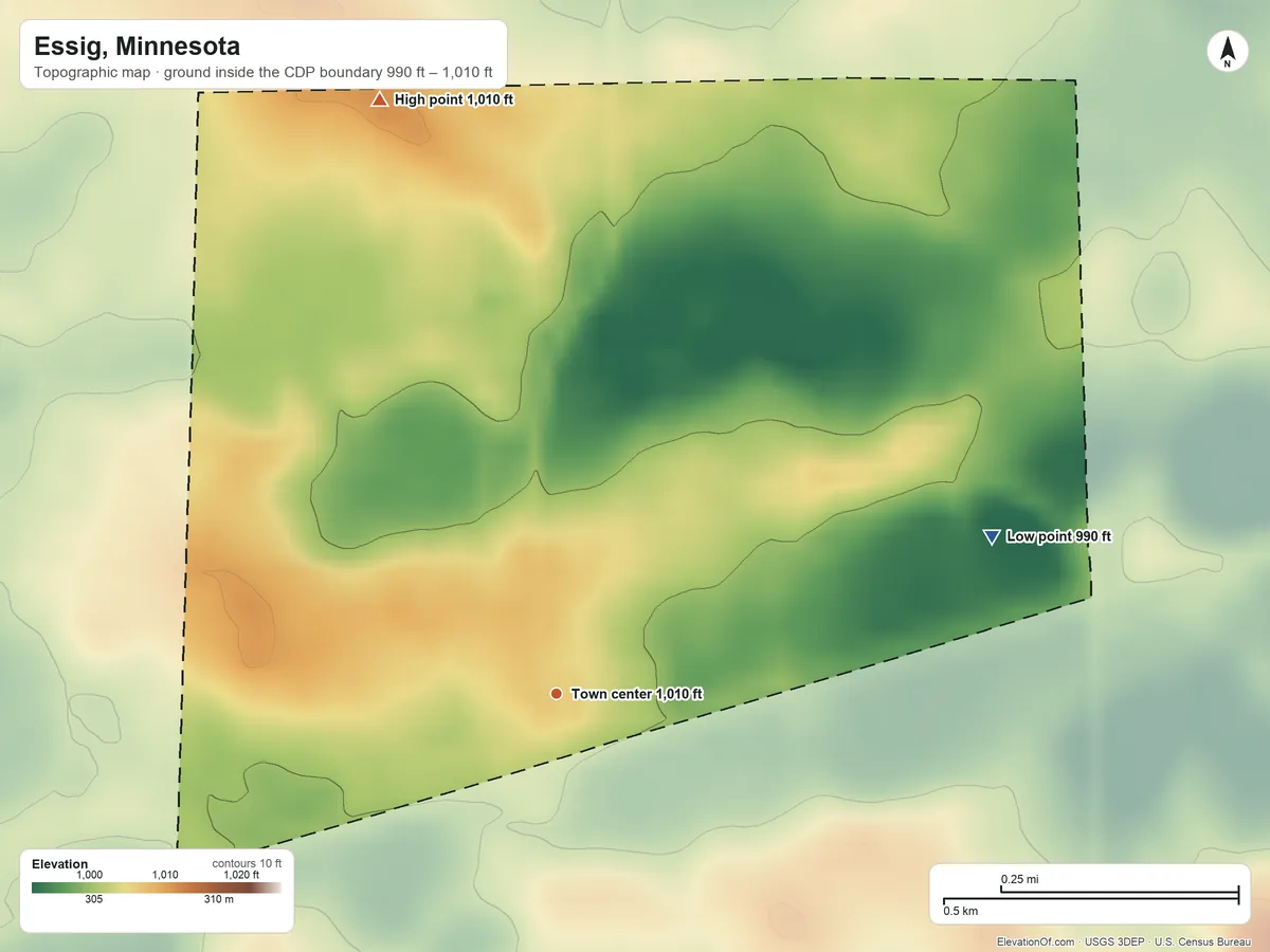 Topographic elevation map of Essig, Minnesota, shaded from 990 ft on the east side to 1,010 ft on the north side