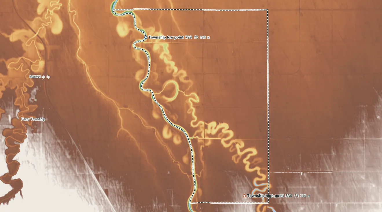 Topographic elevation map of Esther Township, Minnesota, shaded from 790 ft on the northwest side to 830 ft on the south side