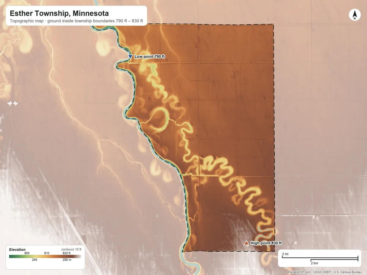 Topographic elevation map of Esther Township, Minnesota, shaded from 790 ft on the northwest side to 830 ft on the south side