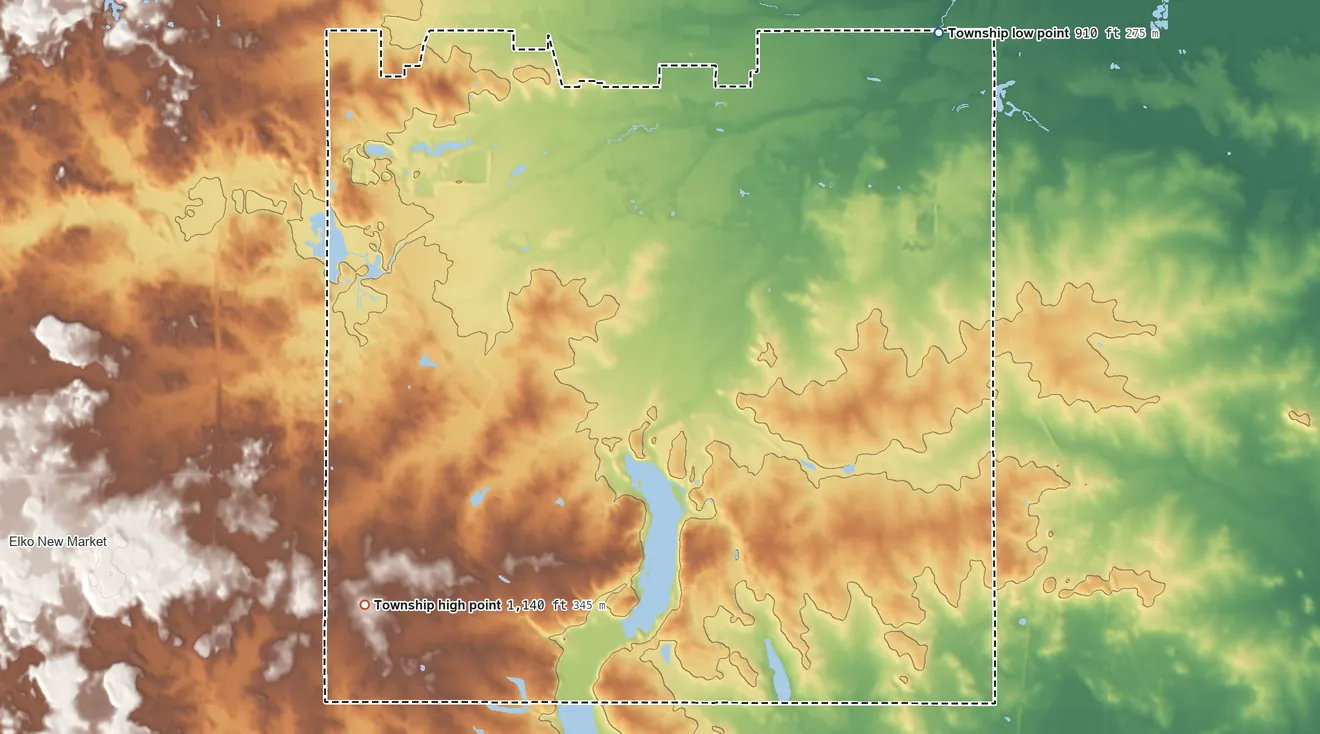 Topographic elevation map of Eureka Township, Minnesota, shaded from 910 ft on the northeast side to 1,140 ft on the southwest side